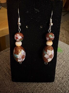 Hand Crafted Rust Cloisonné Drop Earrings with Cream and Teal Accents